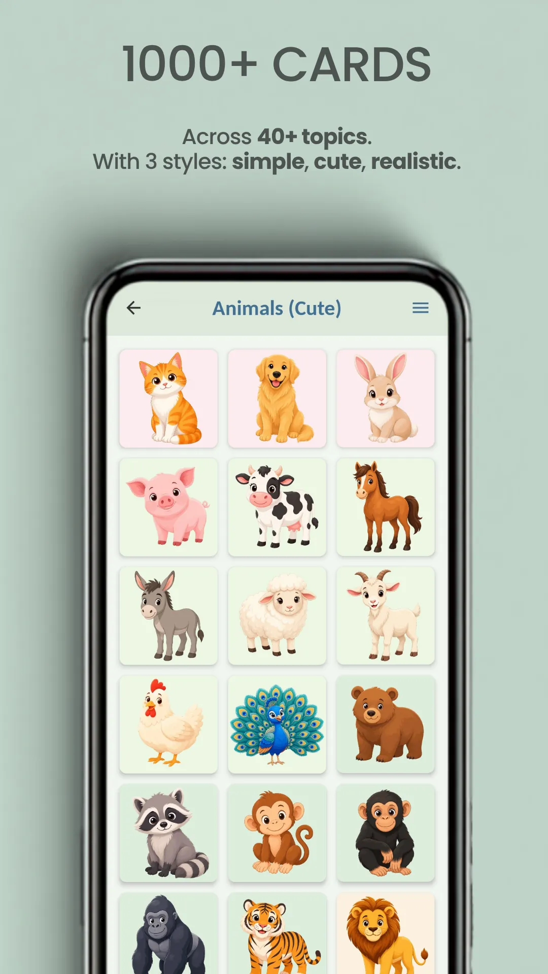 "1000+ cards, across 40+ topics, with 3 styles: simple, cute, realistic": the Animals (Cute) grid, a screenful of cats, dogs, farm and wild animals, each on its own quiet background.