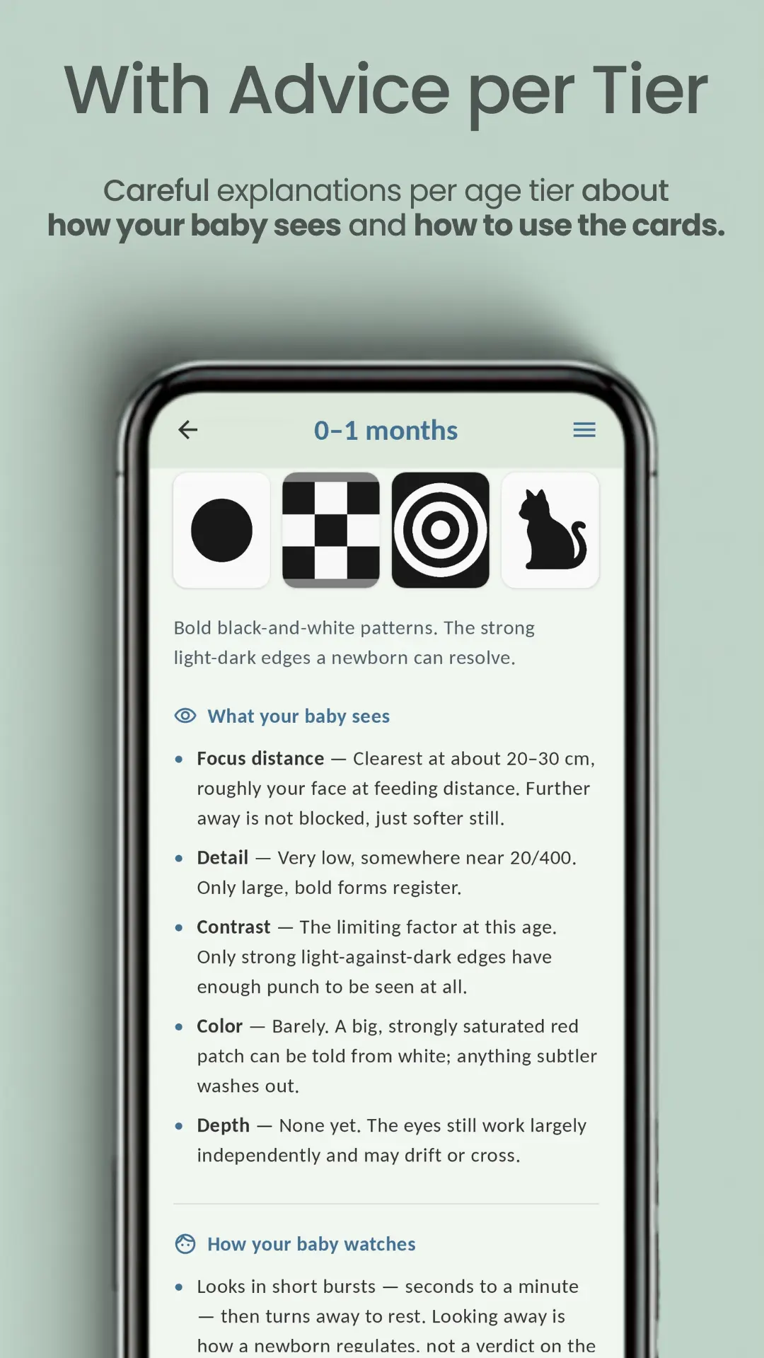 "With Advice per Tier — careful explanations per age tier about how your baby sees and how to use the cards": the About this age page for 0–1 months, explaining focus distance, detail, contrast, color and depth, then how a baby of that age watches.